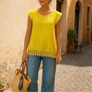 Italian 100% Linen Flutter Sleeve Summer Top Euro Chic Size Medium